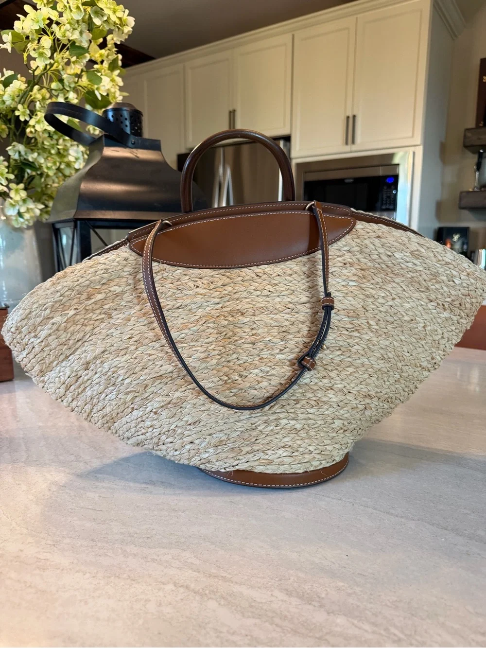 Cult Gaia Wanda Woven Straw Tote with Brown Leather Trim